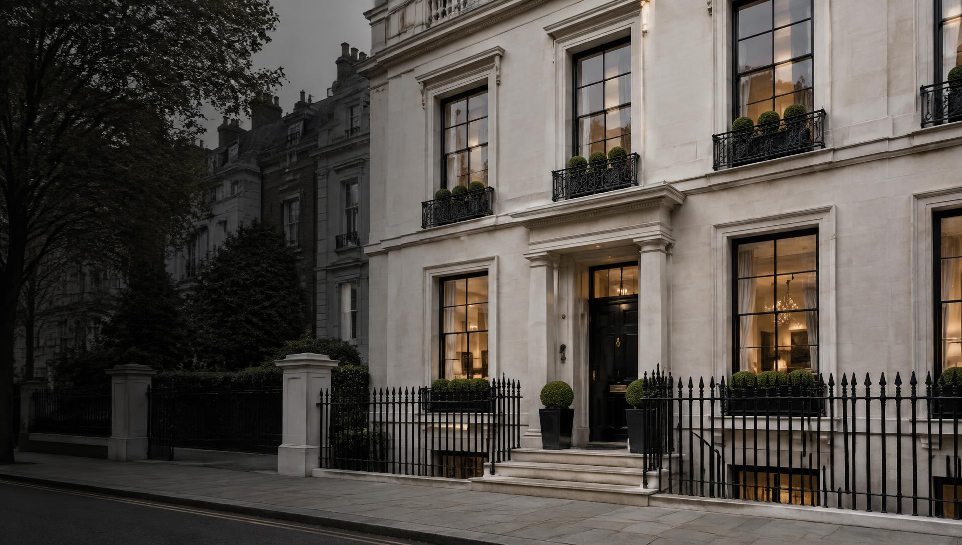 Elegant London townhouse with stone facade and black iron railings